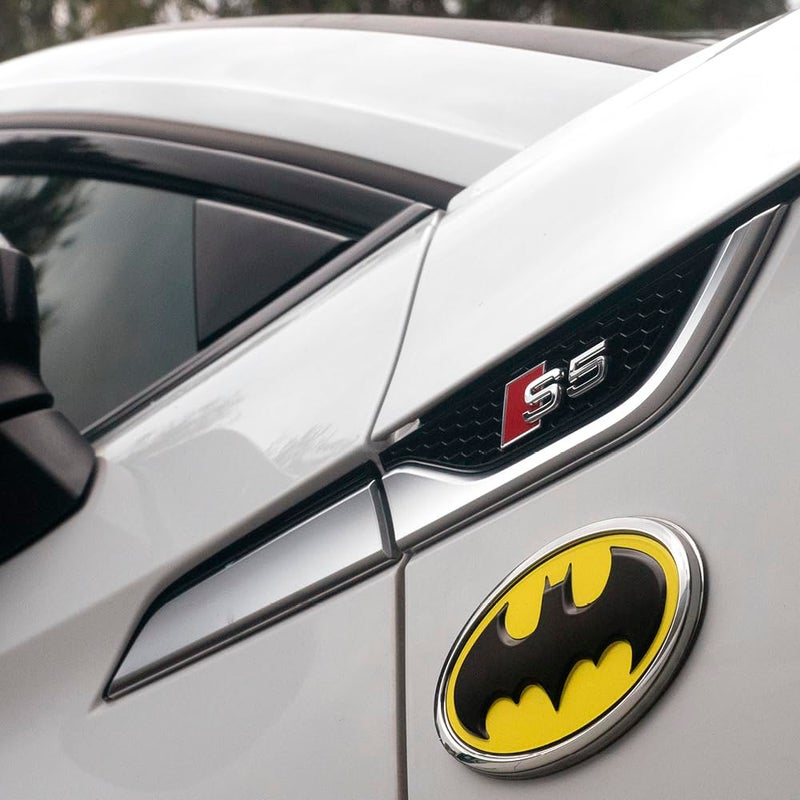 Fan Emblems Batman Car Emblem - 1989 Oval Bat Symbol 3D Auto Badge - Color: Black, Yellow, and Chrome - Size: 3.76 x 2.26 x 0.2 inches - Officially Licensed DC Car Accessories - Image 4
